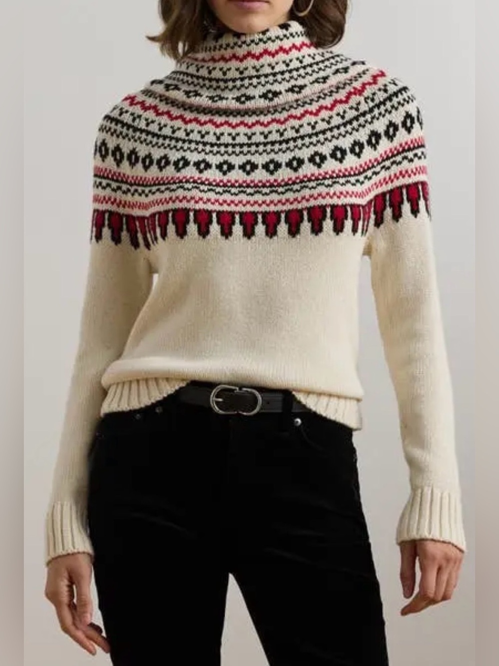 Lauren Ralph Lauren Women's XS Ivory Fair Isle Turtleneck Knit Pullover Sweater